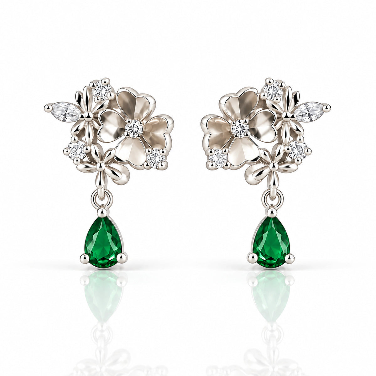 Floral Green Teardrop Earrings 925 Sterling Silver