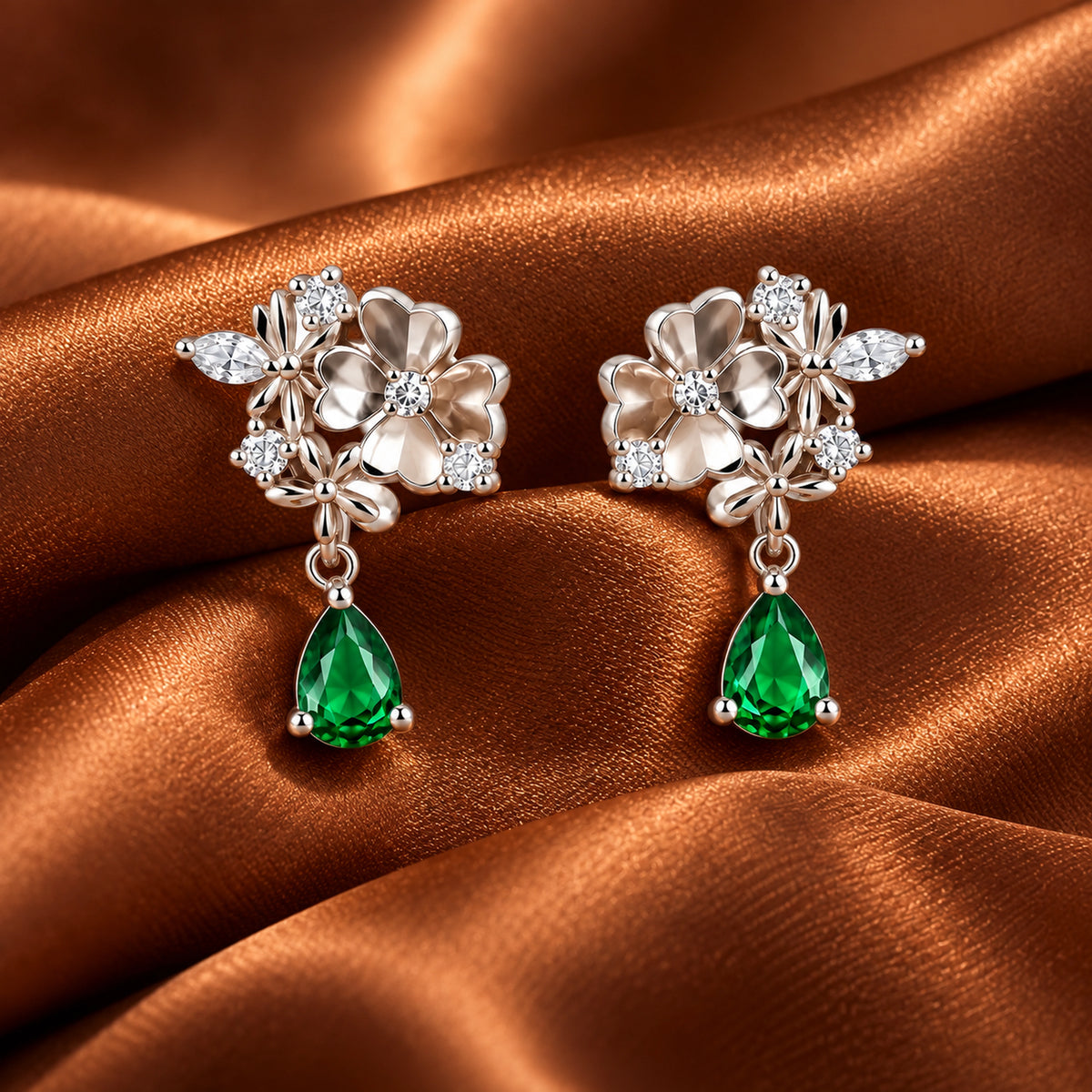 Floral Green Teardrop Earrings 925 Sterling Silver