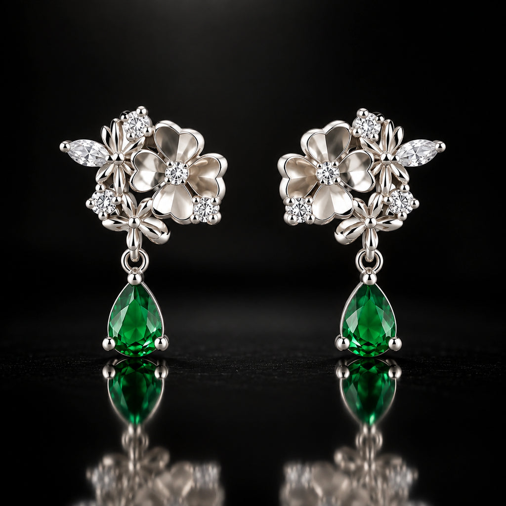 Floral Green Teardrop Earrings 925 Sterling Silver