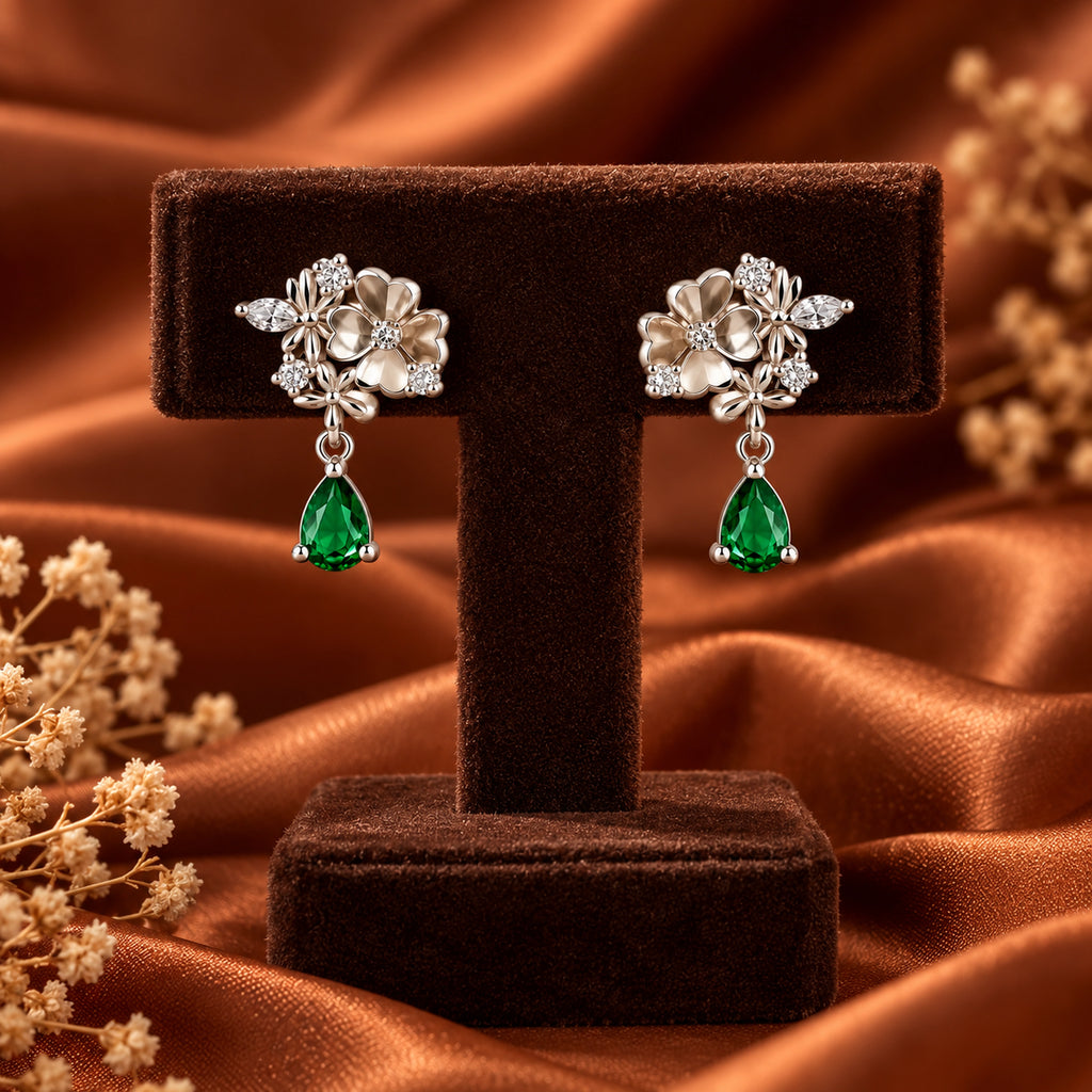 Floral Green Teardrop Earrings 925 Sterling Silver