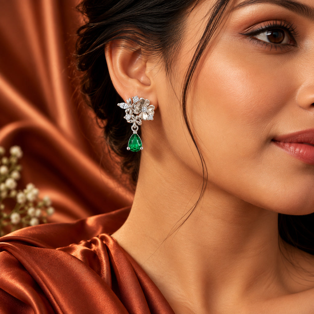 Floral Green Teardrop Earrings 925 Sterling Silver