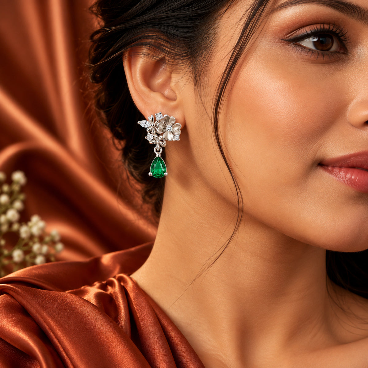 Floral Green Teardrop Earrings 925 Sterling Silver