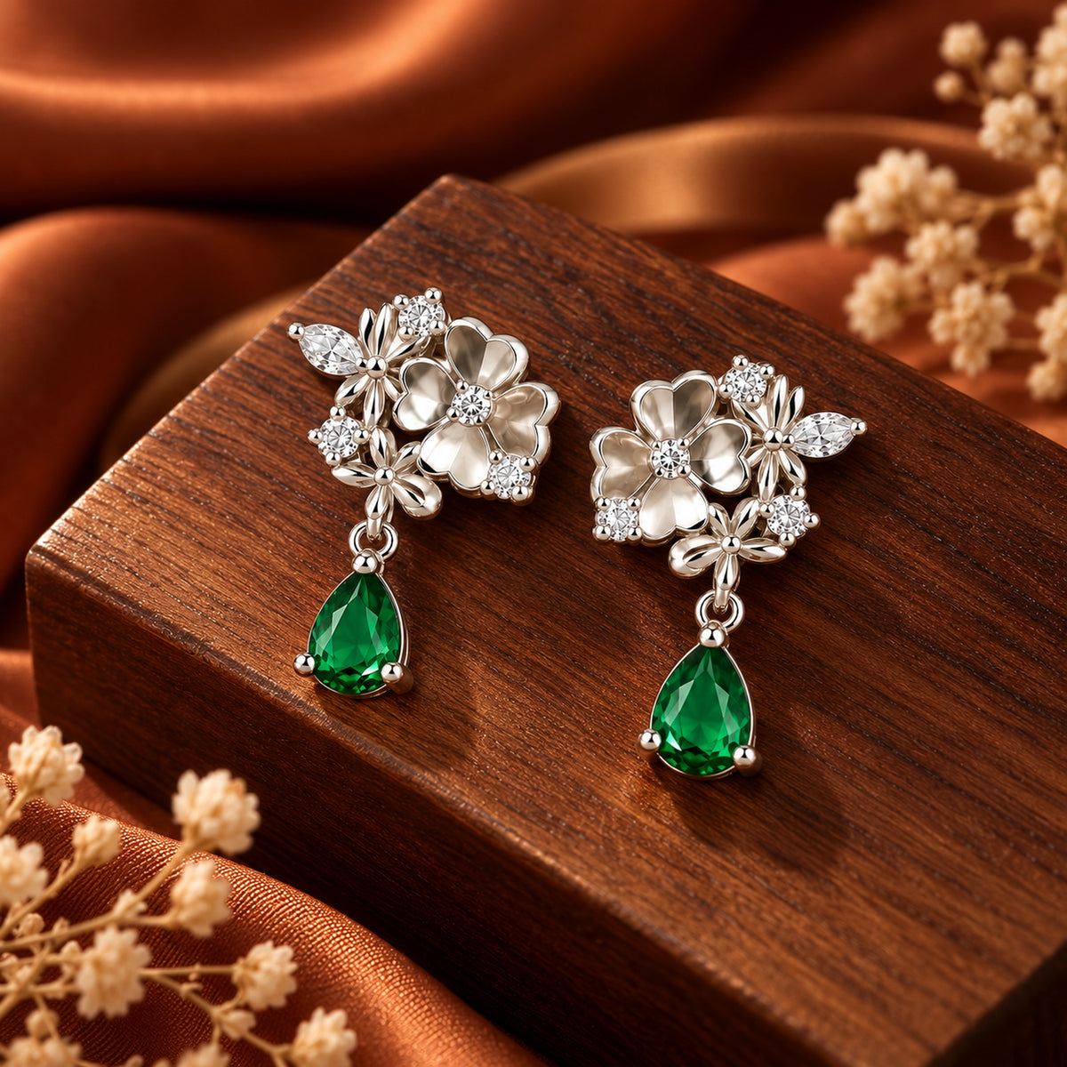 Floral Green Teardrop Earrings 925 Sterling Silver