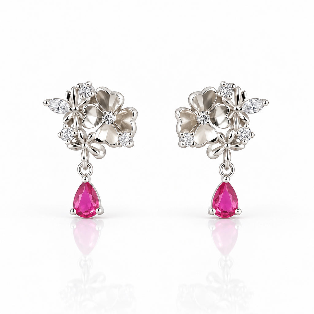Floral Pink Teardrop Earrings 925 Sterling Silver