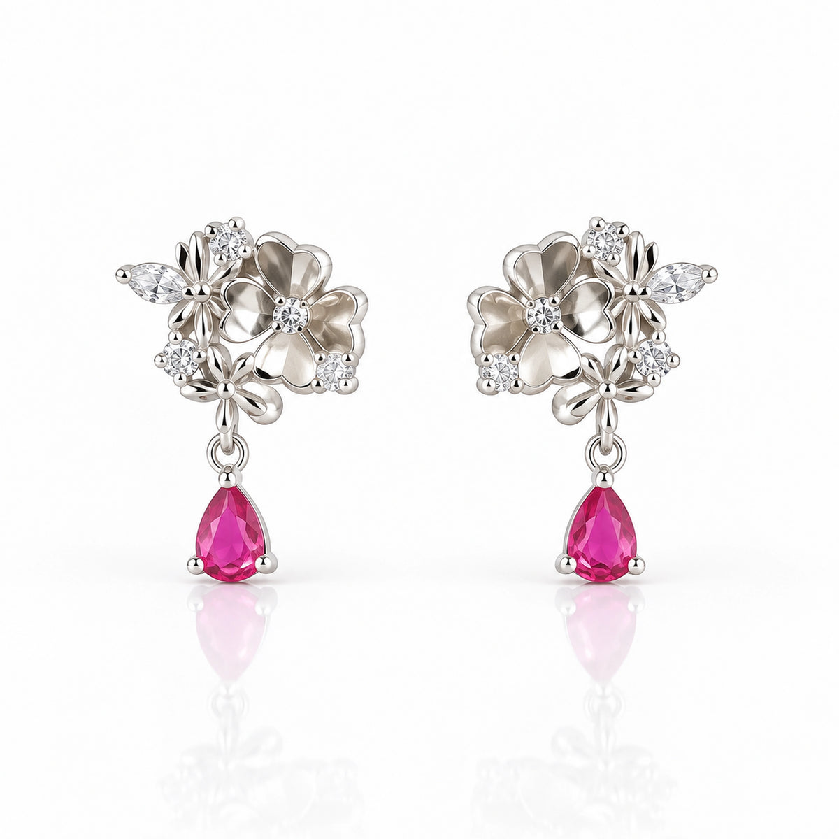 Floral Pink Teardrop Earrings 925 Sterling Silver