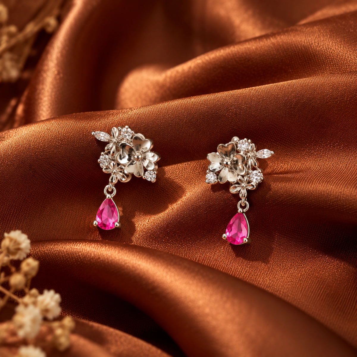 Floral Pink Teardrop Earrings 925 Sterling Silver