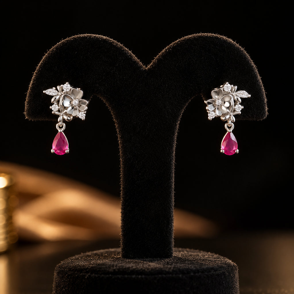 Floral Pink Teardrop Earrings 925 Sterling Silver