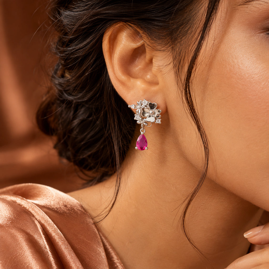 Floral Pink Teardrop Earrings 925 Sterling Silver