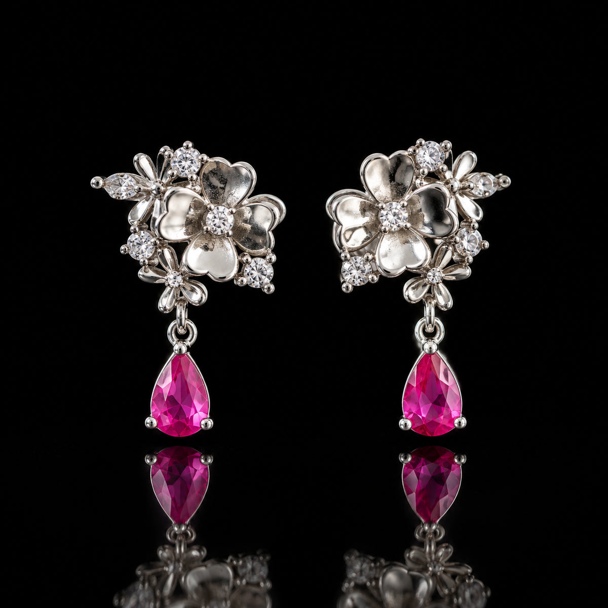 Floral Pink Teardrop Earrings 925 Sterling Silver