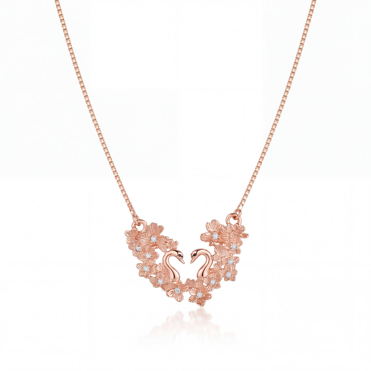 Rose Gold Floral Swan Drop Pendant Necklace