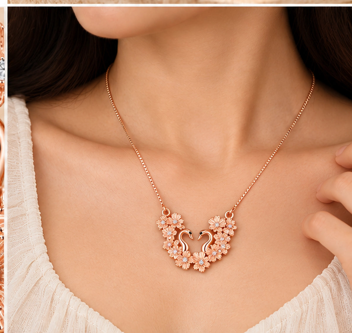 Rose Gold Floral Swan Drop Pendant Necklace