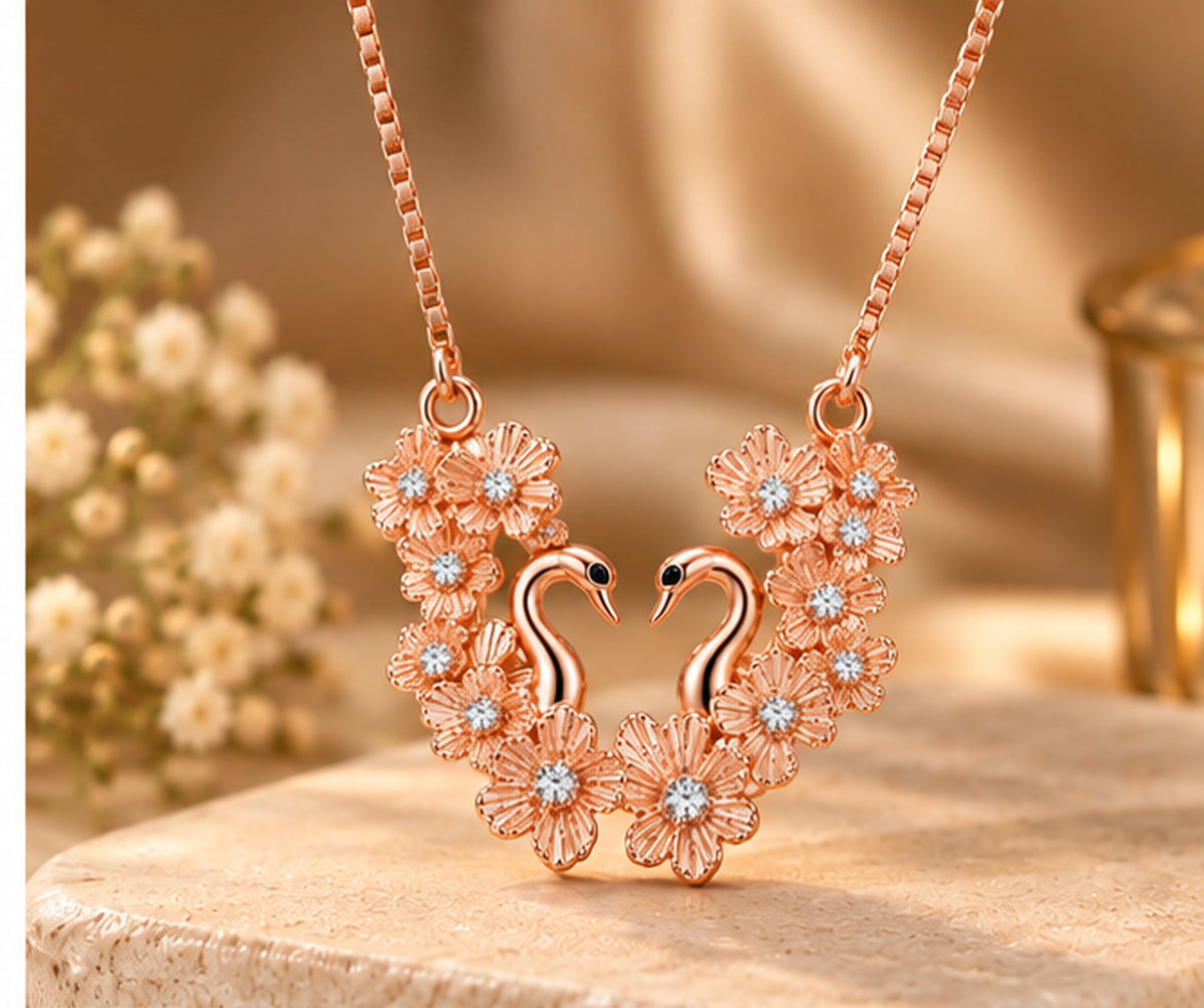 Rose Gold Floral Swan Drop Pendant Necklace