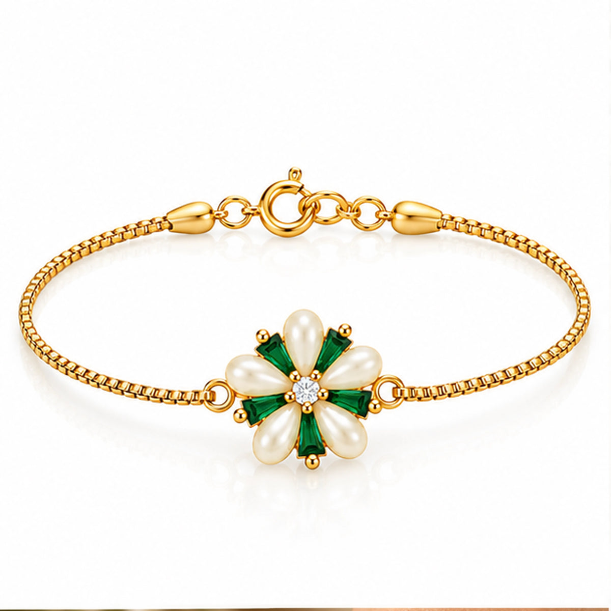 Gold Green Floral Pearl Bracelet 925 Sterling Silver