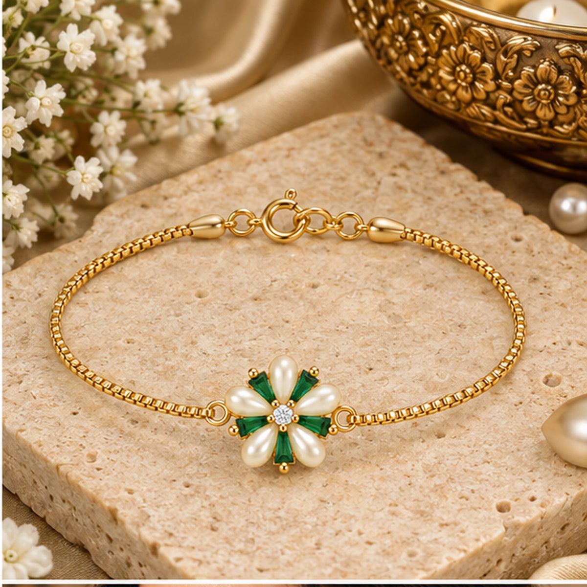 Gold Green Floral Pearl Bracelet 925 Sterling Silver