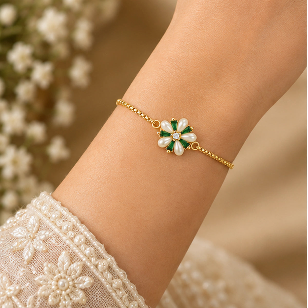 Gold Green Floral Pearl Bracelet 925 Sterling Silver