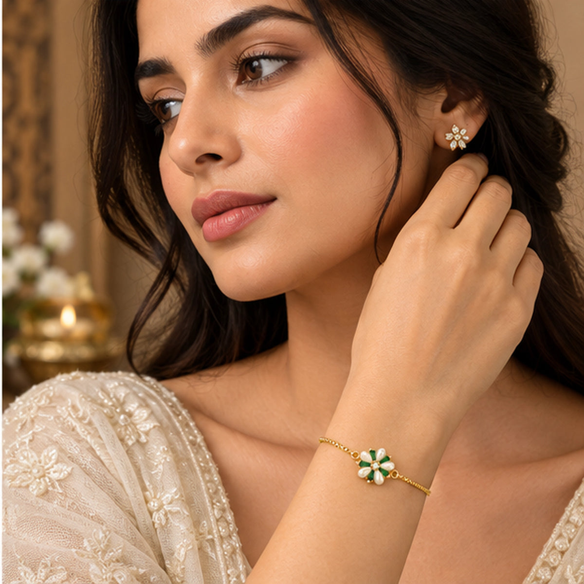 Gold Green Floral Pearl Bracelet 925 Sterling Silver