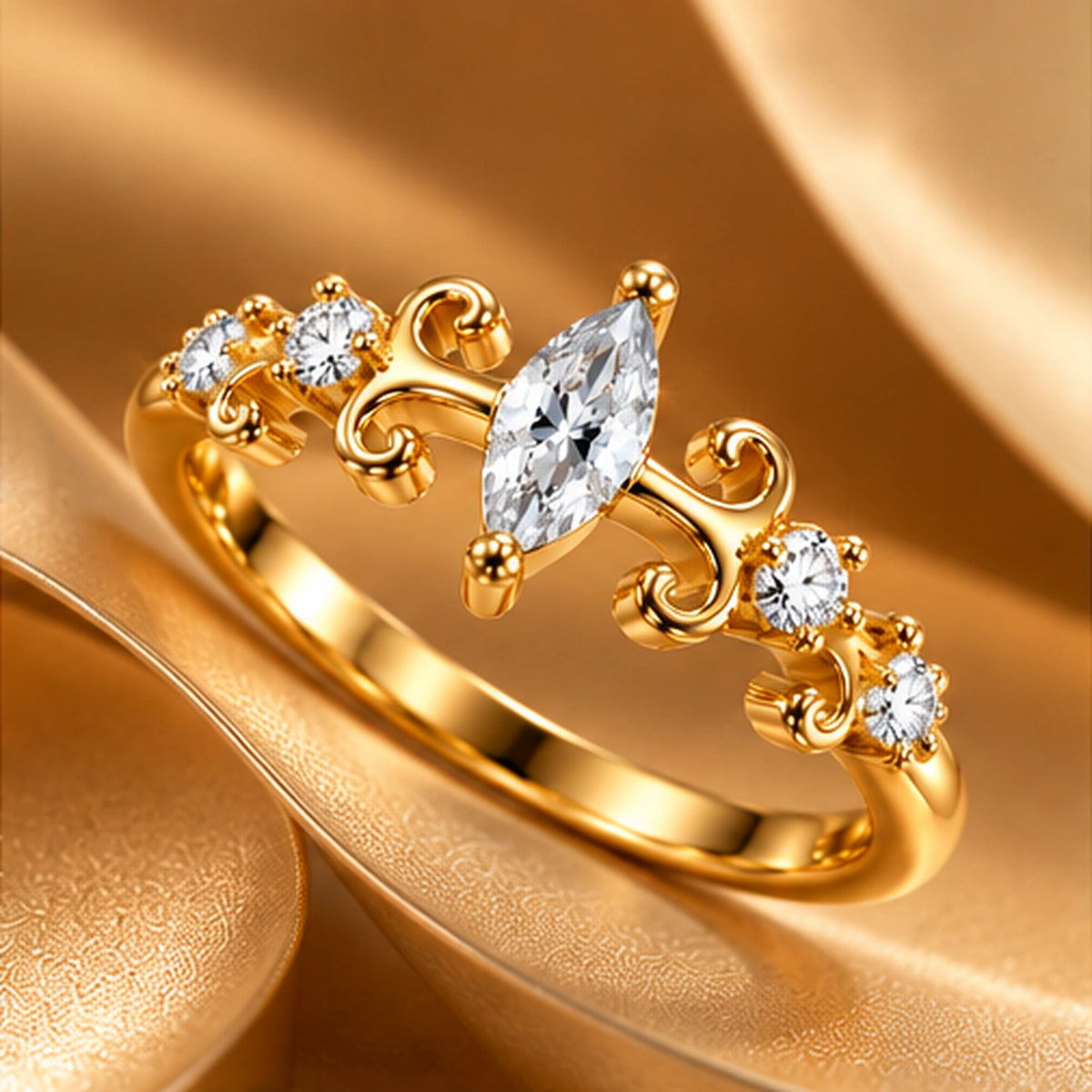 Gold Marquise Scroll Ring 925 Sterling Silver