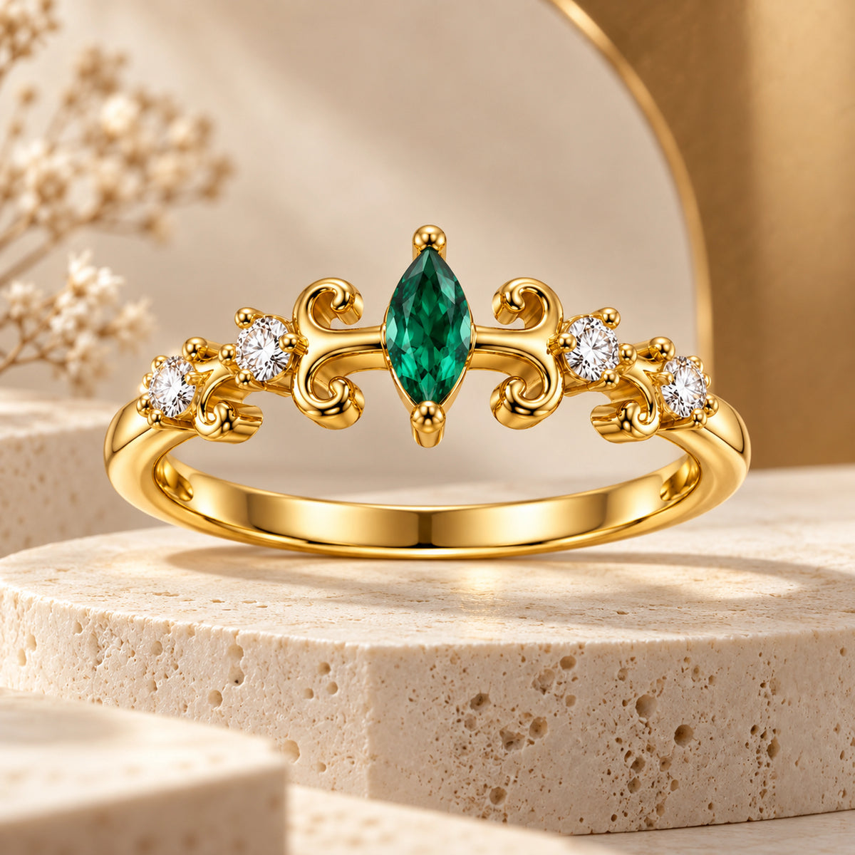 Gold Marquise Scroll Ring 925 Sterling Silver