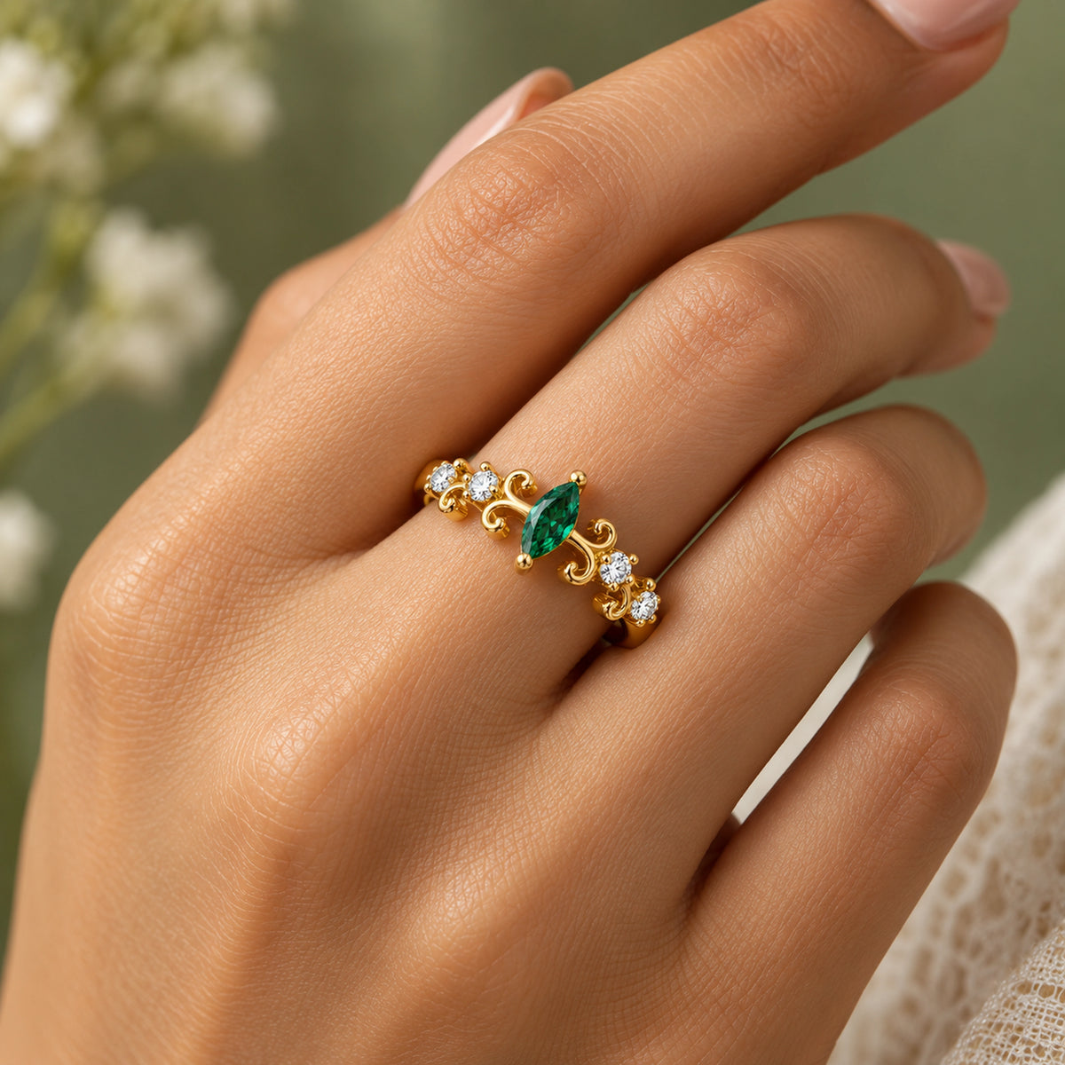 Gold Marquise Scroll Ring 925 Sterling Silver