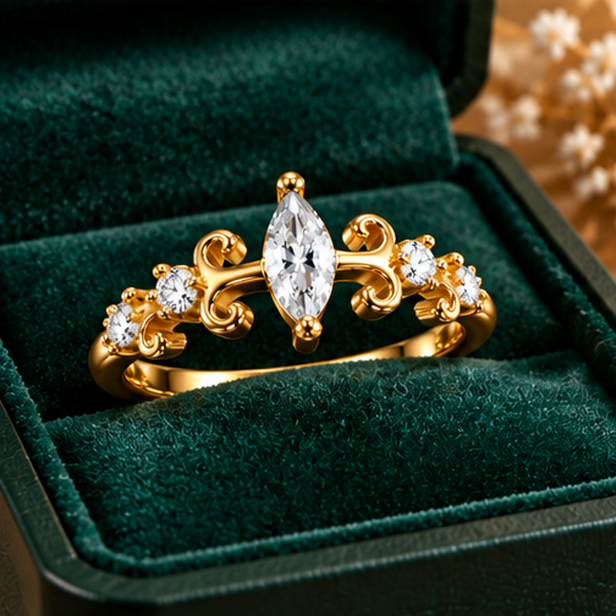 Gold Marquise Scroll Ring 925 Sterling Silver