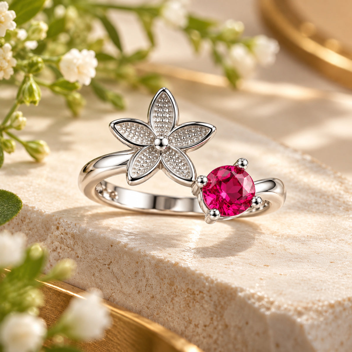 Gemstone Floral Ring 925 Sterling Silver