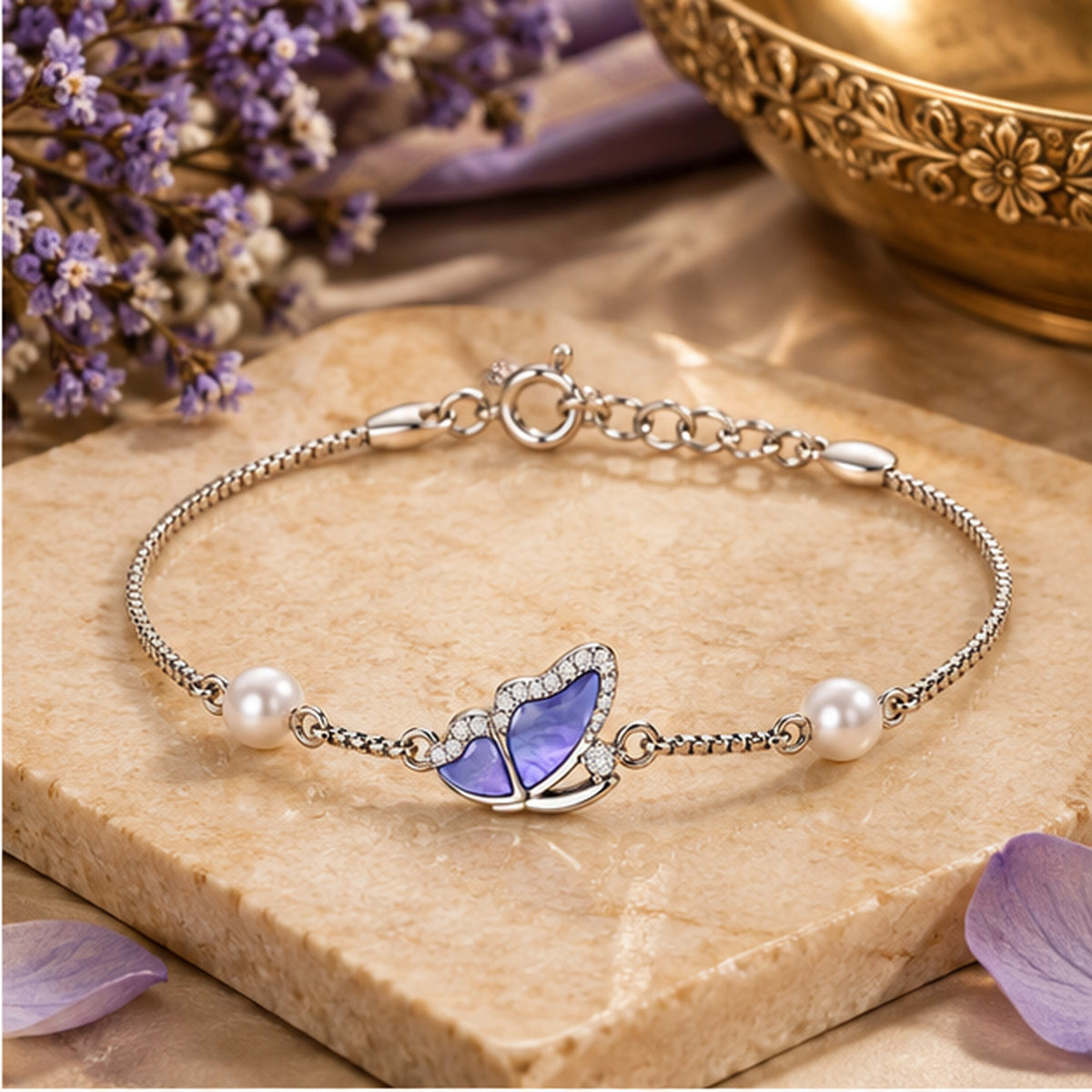 Lavender Butterfly Pearl Bracelet 925 Sterling Silver