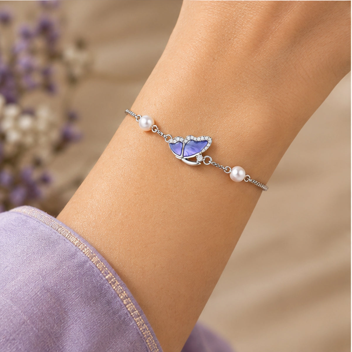 Lavender Butterfly Pearl Bracelet 925 Sterling Silver