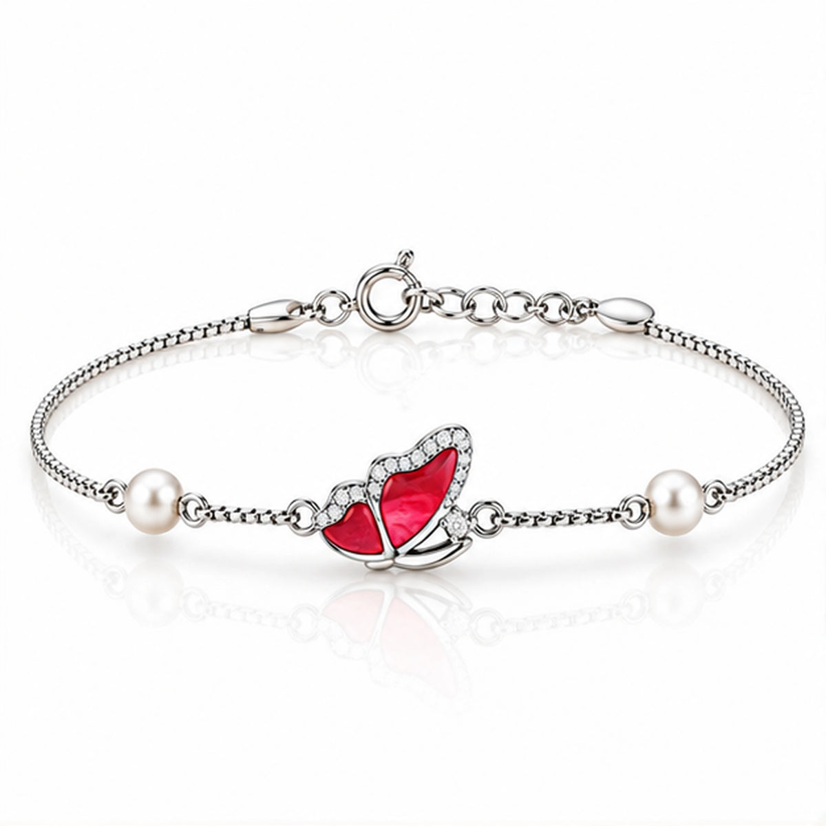 Red Butterfly Pearl Bracelet 925 Sterling Silver