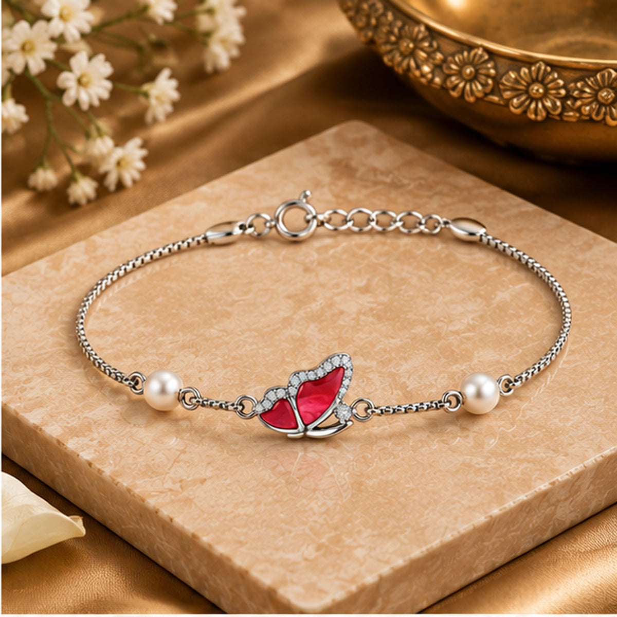 Red Butterfly Pearl Bracelet 925 Sterling Silver