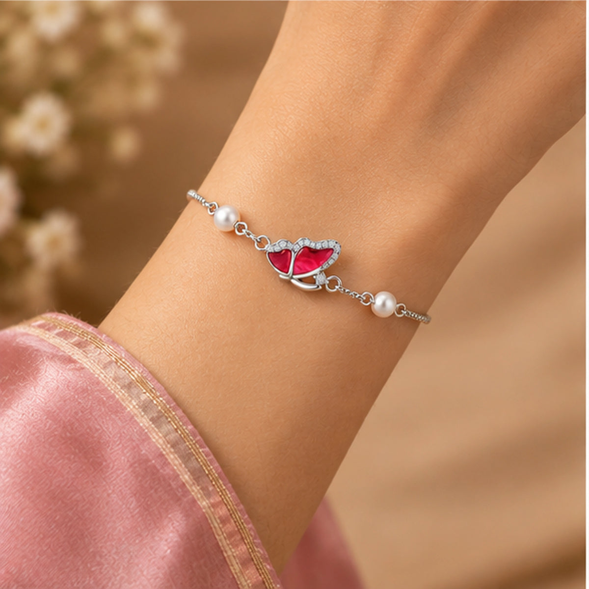 Red Butterfly Pearl Bracelet 925 Sterling Silver