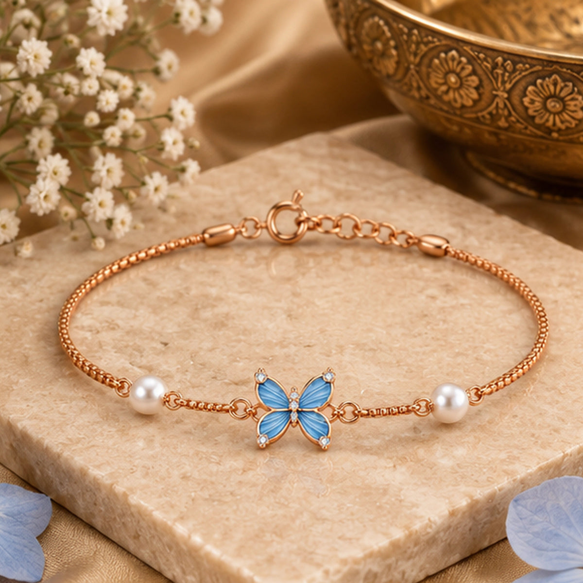 Rose Gold Blue Butterfly Pearl Bracelet 925 Sterling Silver