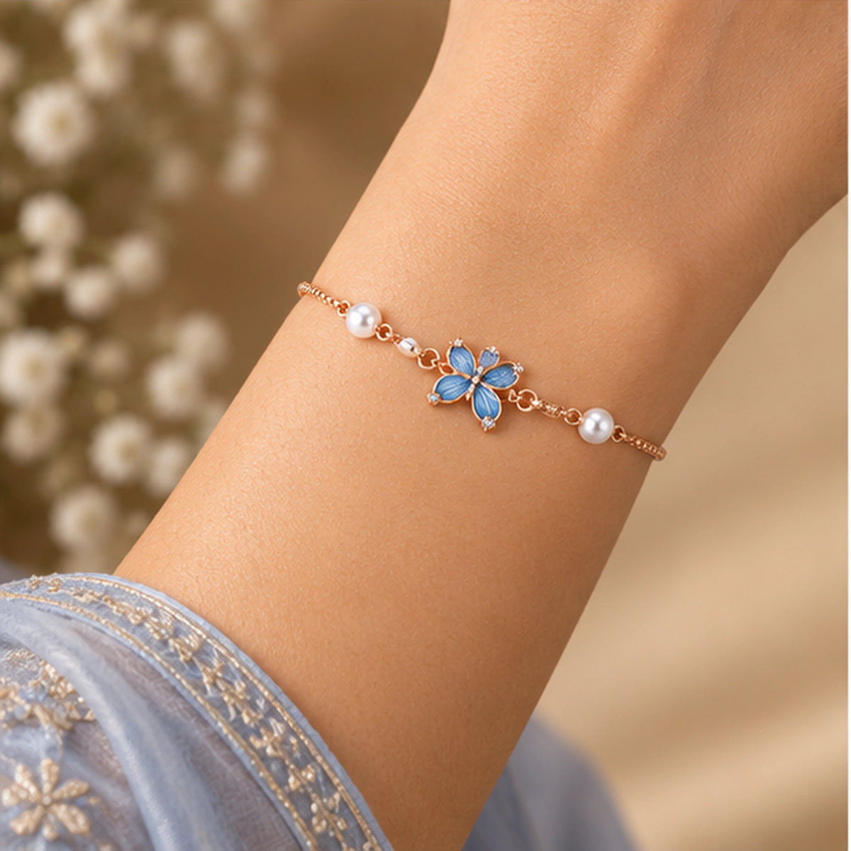 Rose Gold Blue Butterfly Pearl Bracelet 925 Sterling Silver