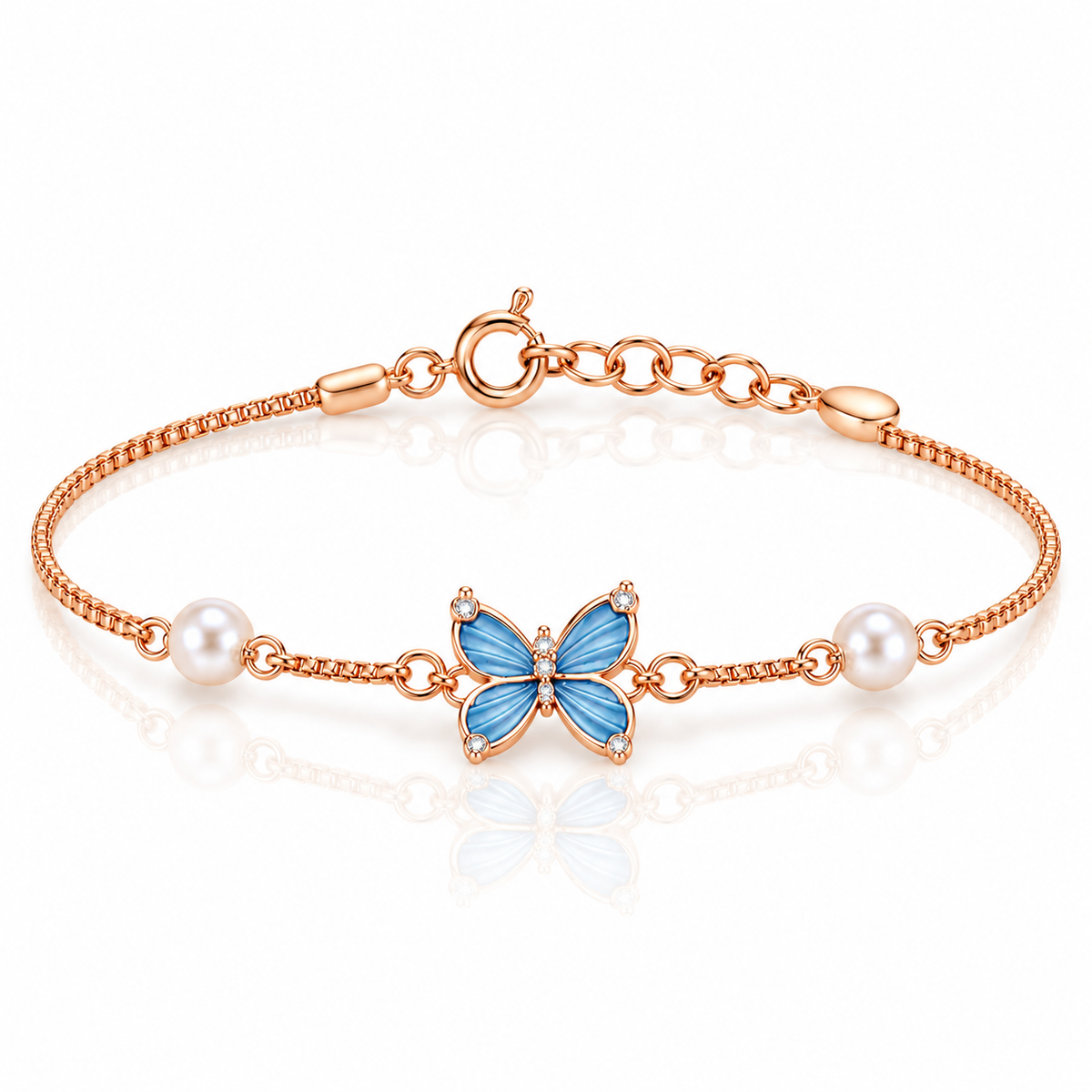 Rose Gold Blue Butterfly Pearl Bracelet 925 Sterling Silver