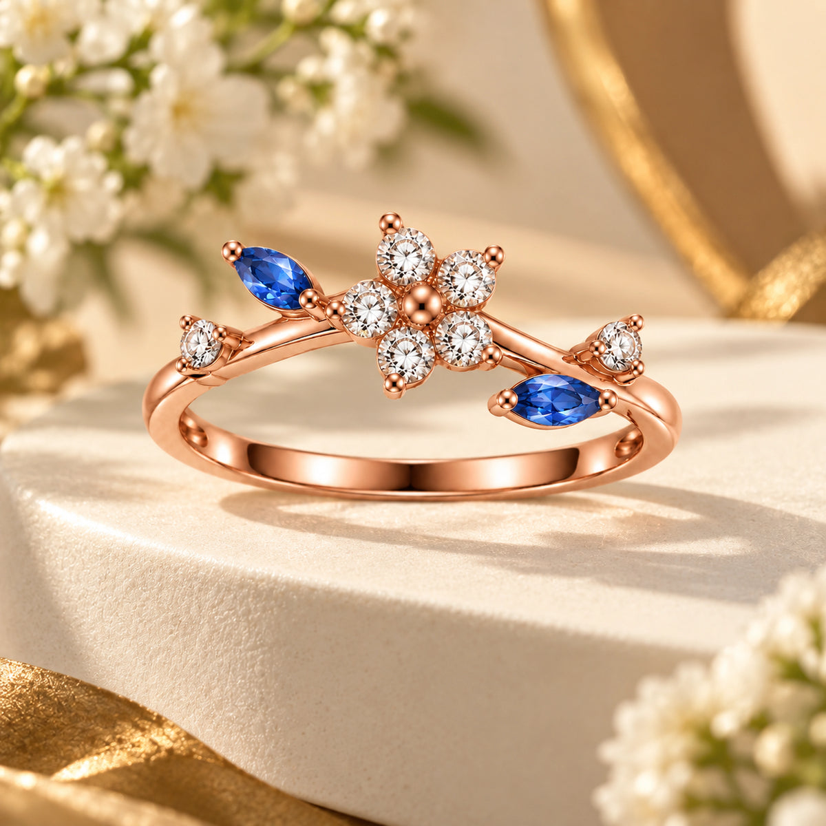 Rose Gold Marquise Floral Ring 925 Sterling Silver