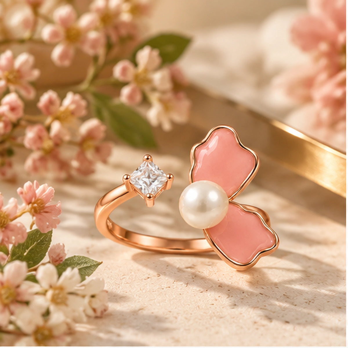 Rose Gold Butterfly Pearl Ring 925 Sterling Silver