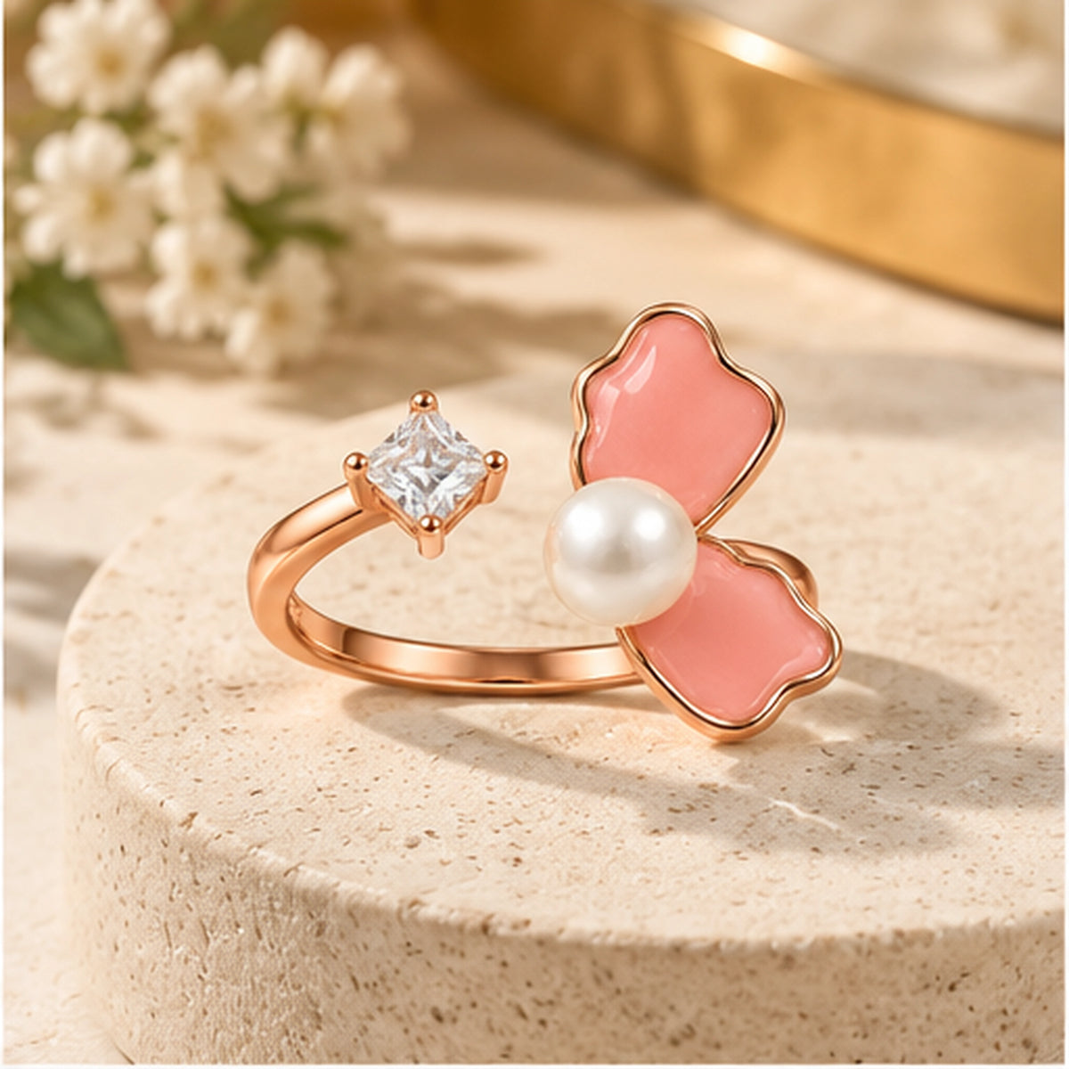 Rose Gold Butterfly Pearl Ring 925 Sterling Silver