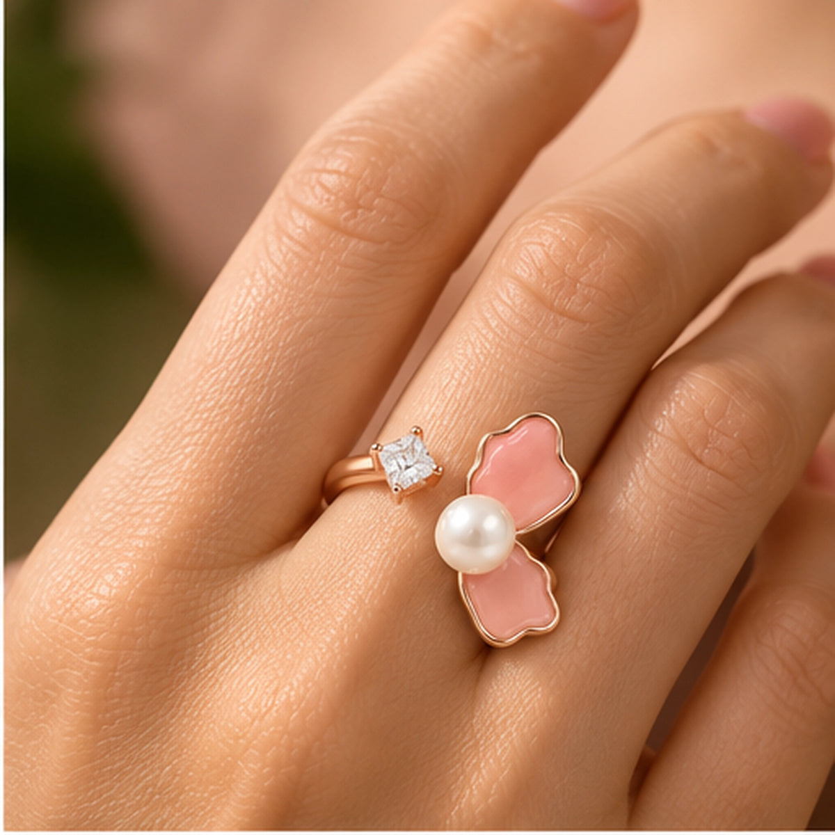 Rose Gold Butterfly Pearl Ring 925 Sterling Silver
