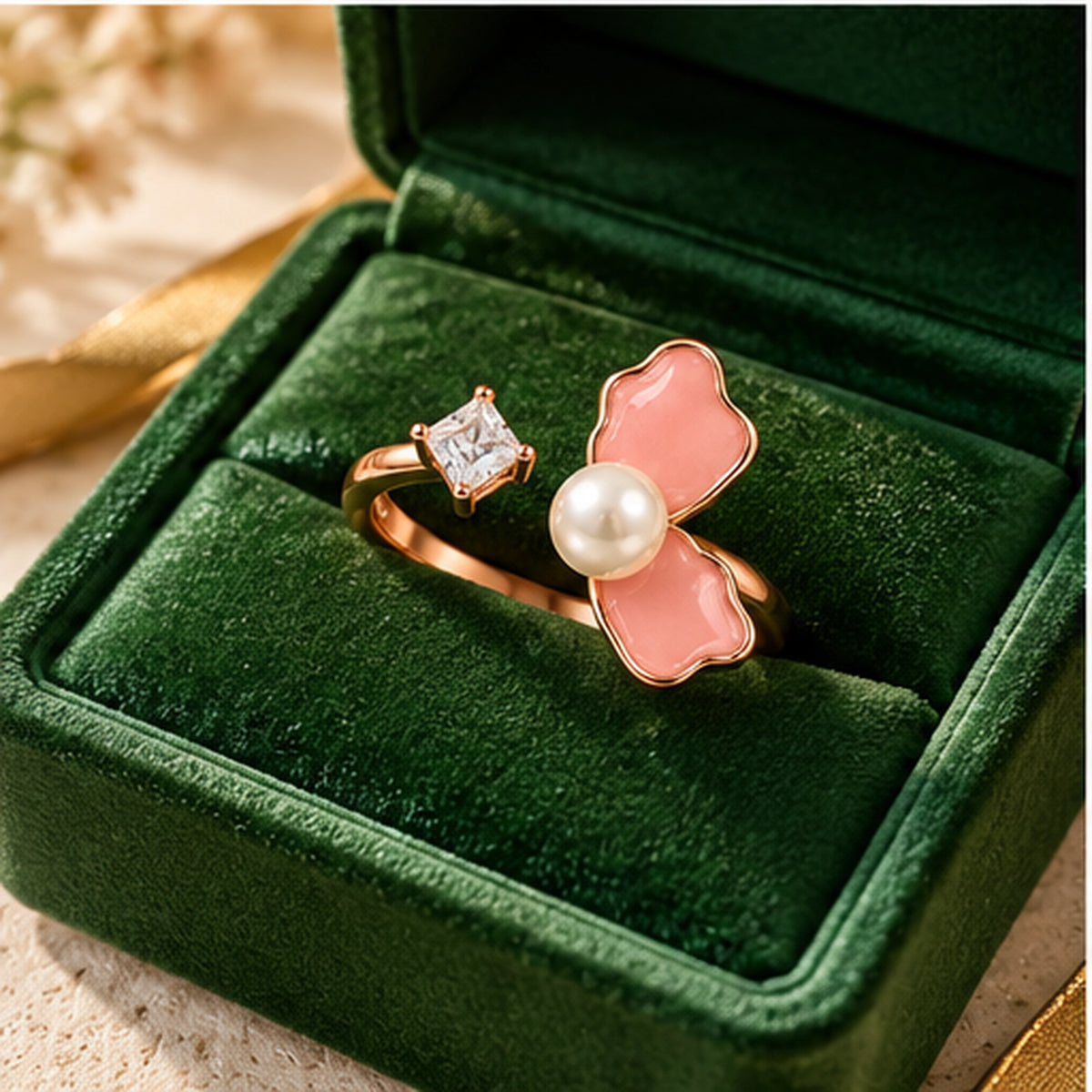 Rose Gold Butterfly Pearl Ring 925 Sterling Silver