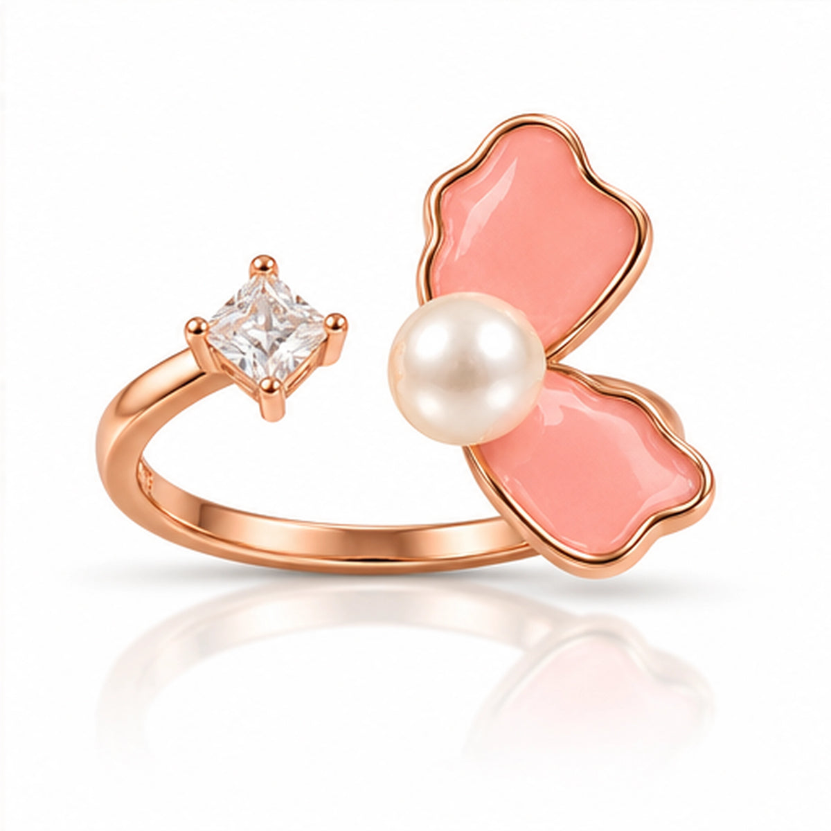 Rose Gold Butterfly Pearl Ring 925 Sterling Silver