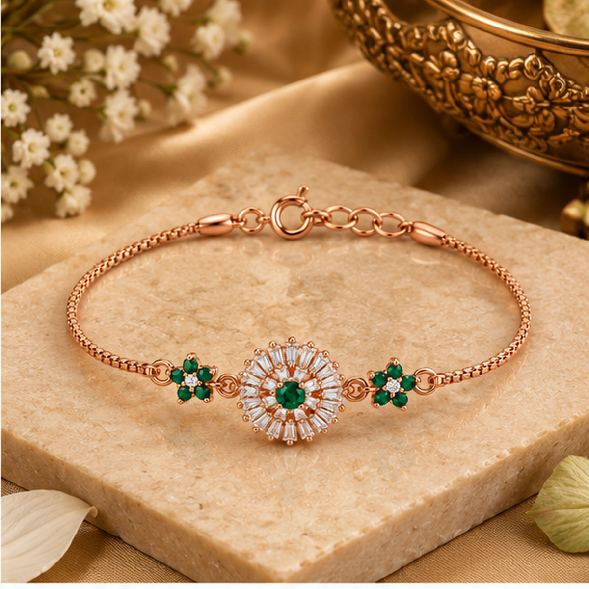 Rose Gold Emerald Sunburst Floral Bracelet 925 Sterling Silver