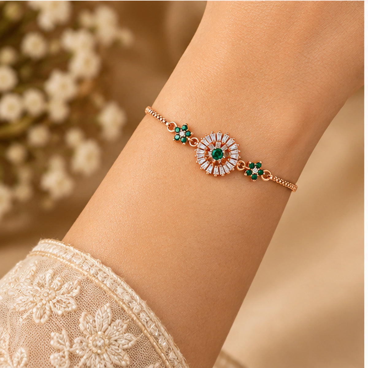 Rose Gold Emerald Sunburst Floral Bracelet 925 Sterling Silver