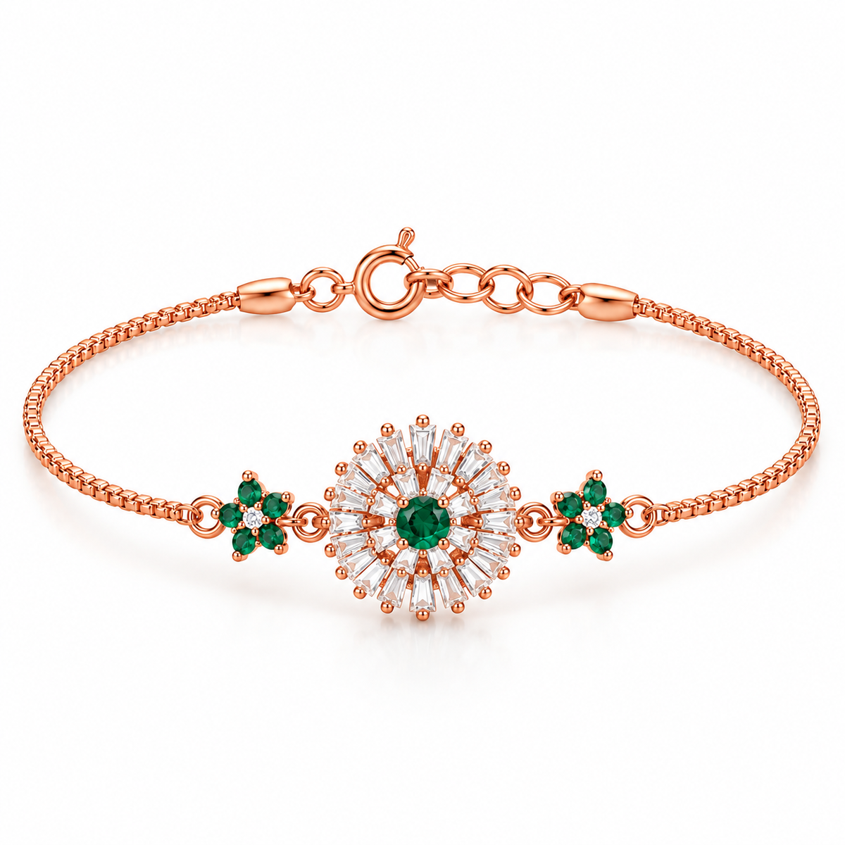 Rose Gold Emerald Sunburst Floral Bracelet 925 Sterling Silver
