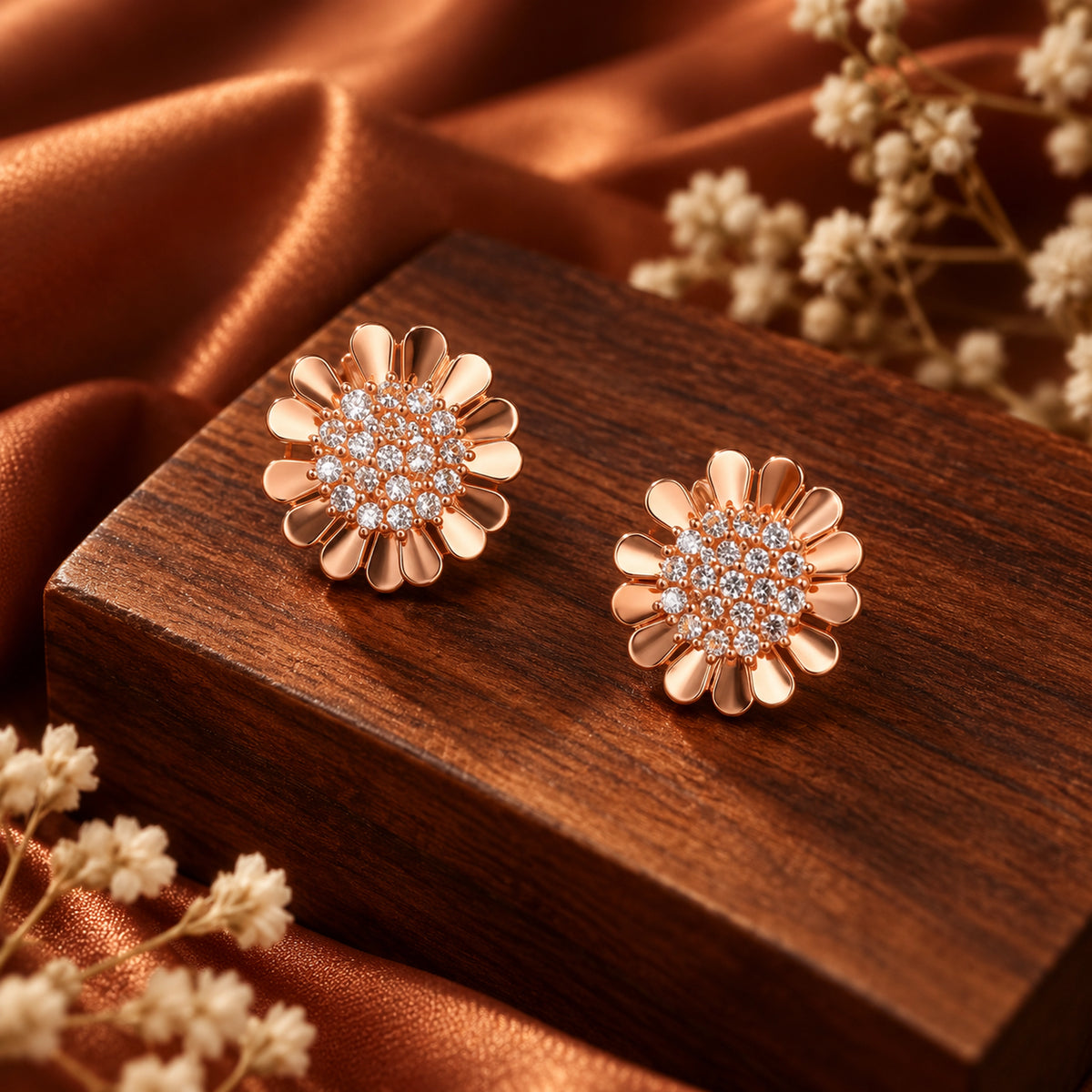 Rose Gold Floral Stud Earrings 925 Sterling Silver