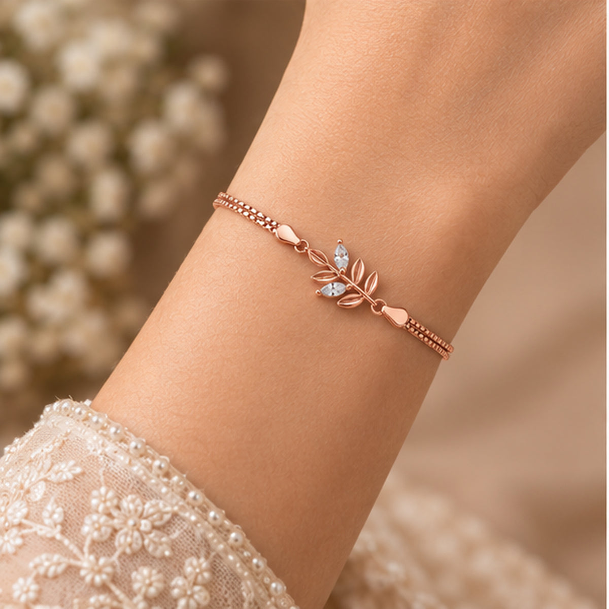 Rose Gold Leaf Vine Bracelet 925 Sterling Silver