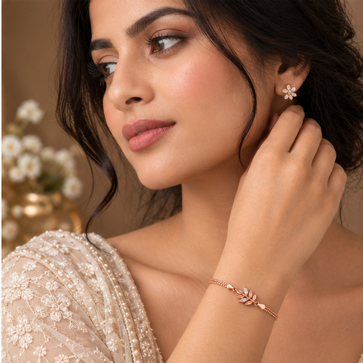 Rose Gold Leaf Vine Bracelet 925 Sterling Silver