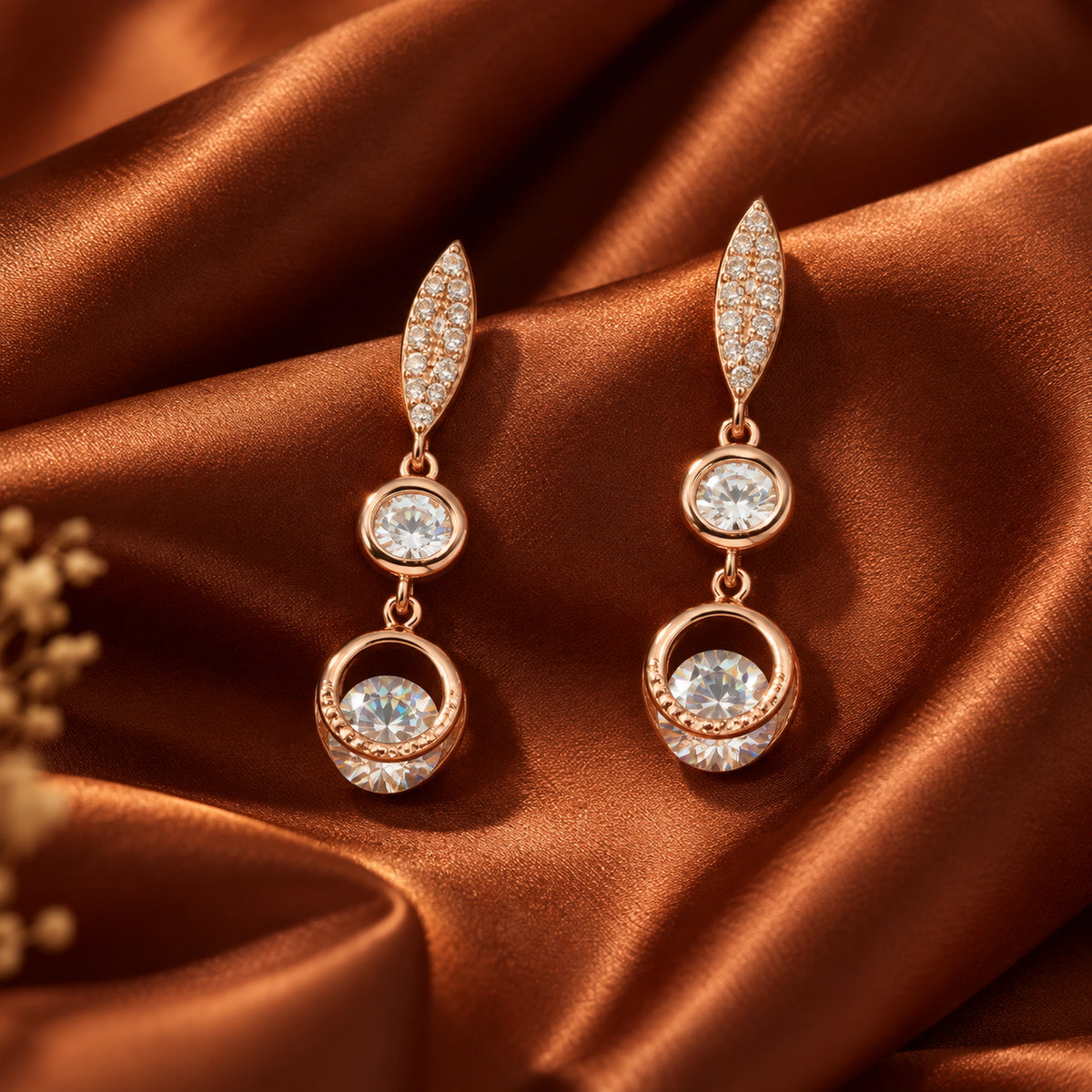 Rose Gold Oval Crystal Drop Earrings 925 Sterling Silver