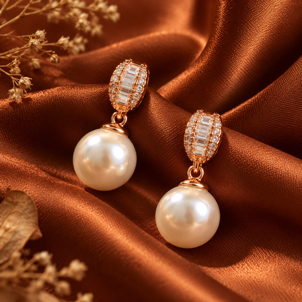 Rose Gold Pearl Drop Earrings 925 Sterling Silver