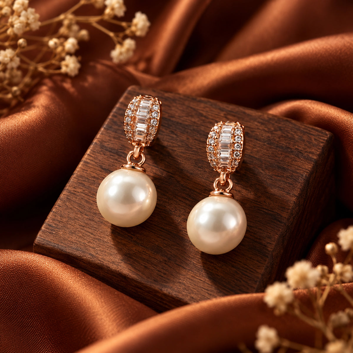 Rose Gold Pearl Drop Earrings 925 Sterling Silver