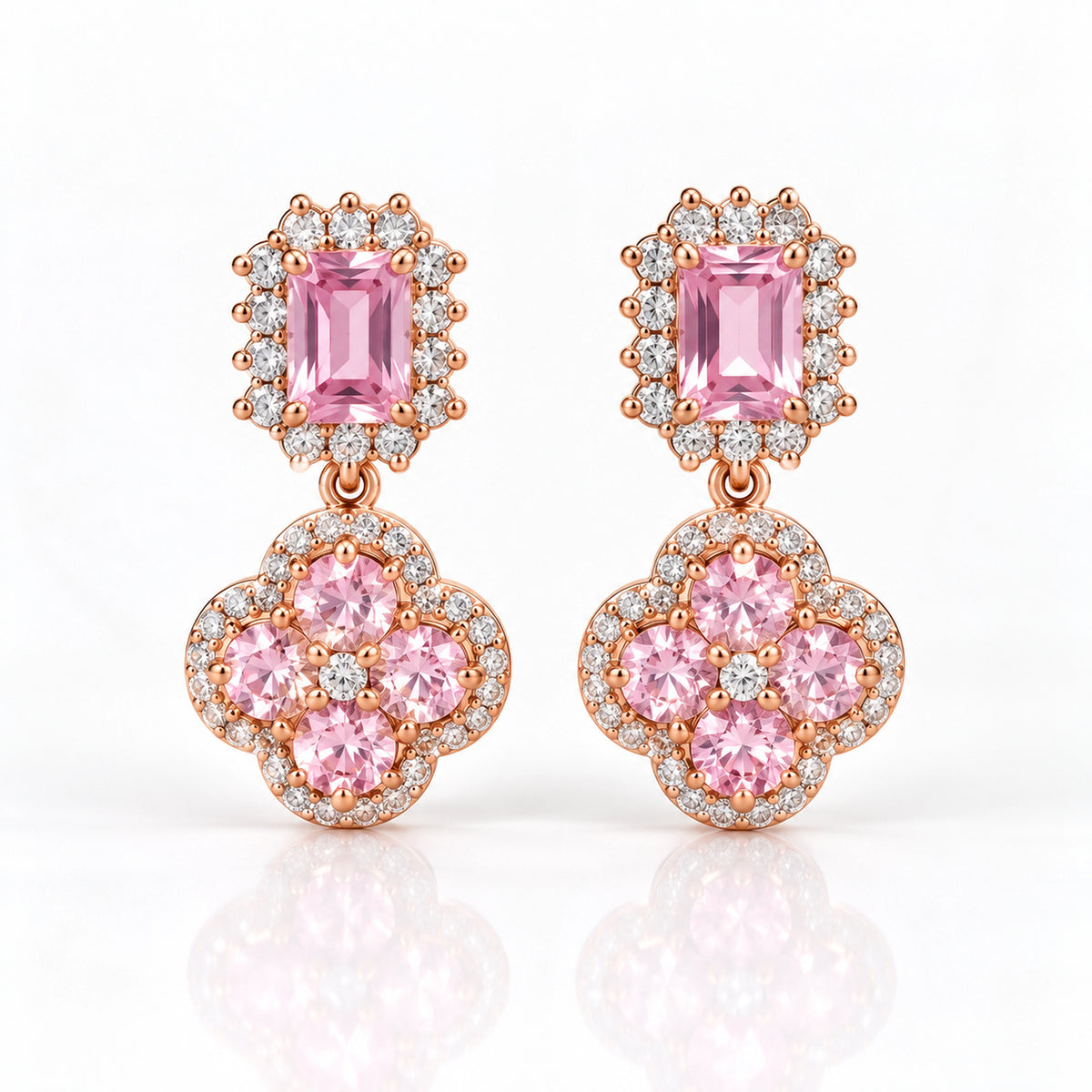 Rose Gold Pink Floral Drop Earrings 925 Sterling Silver