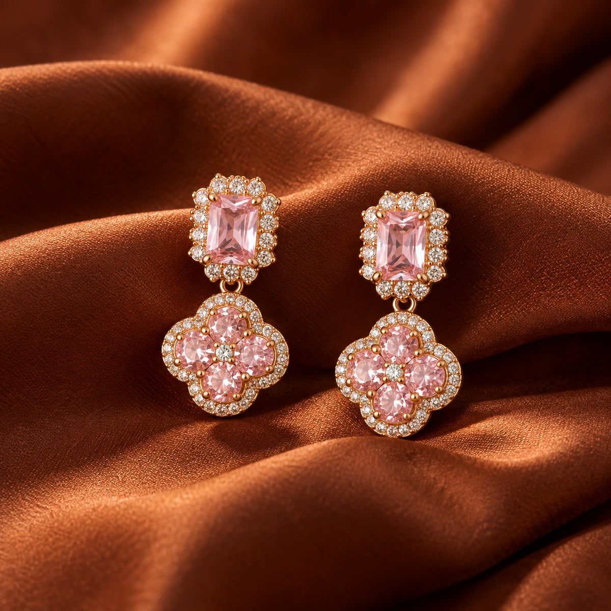 Rose Gold Pink Floral Drop Earrings 925 Sterling Silver